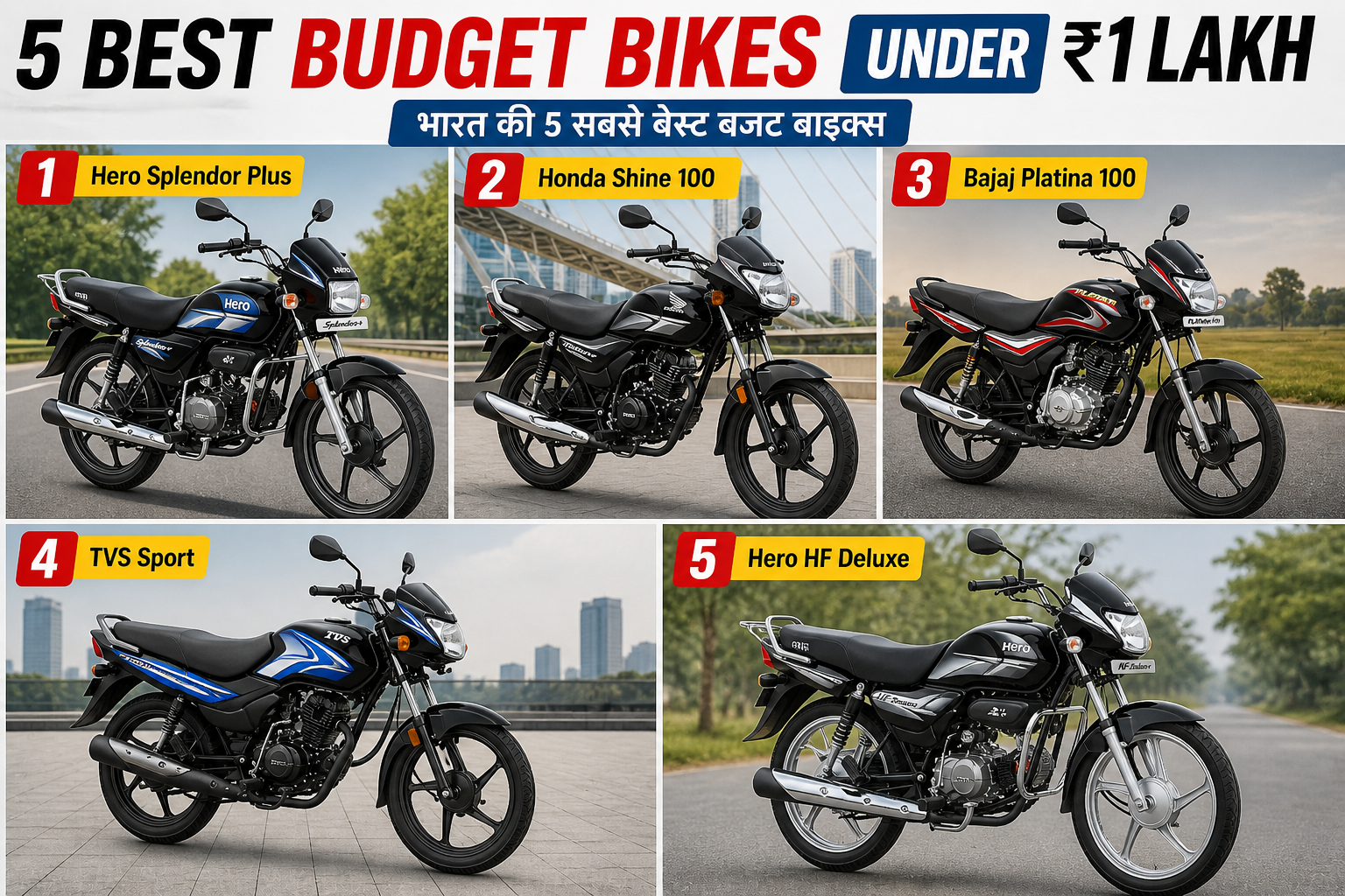 5 Best Budget Bikes Under ₹1 Lakh India (2026) – सस्ती, माइलेज और परफॉर्मेंस में बेस्ट बाइक