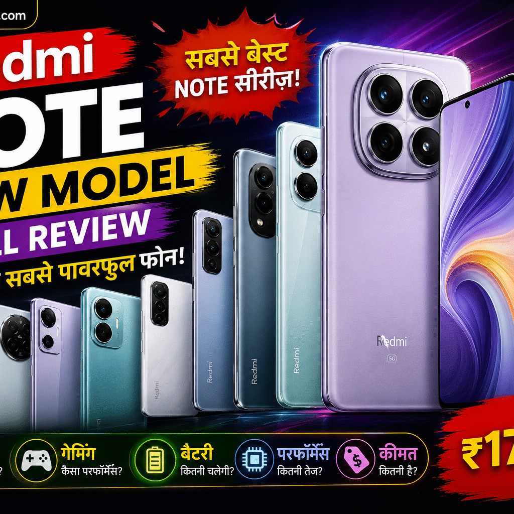 Redmi Note New Model Full Review Hindi 2026 के लिए प्रीमियम थंबनेल जिसमें नए Redmi Note सीरीज 5G स्मार्टफोन, 200MP कैमरा, AMOLED डिस्प्ले और गेमिंग फीचर्स दिखाए गए हैं।