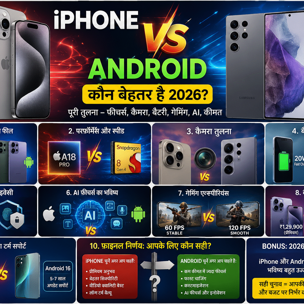 iPhone vs Android कौन बेहतर है 2026 कैमरा बैटरी AI फीचर्स गेमिंग सिक्योरिटी और परफॉर्मेंस तुलना
