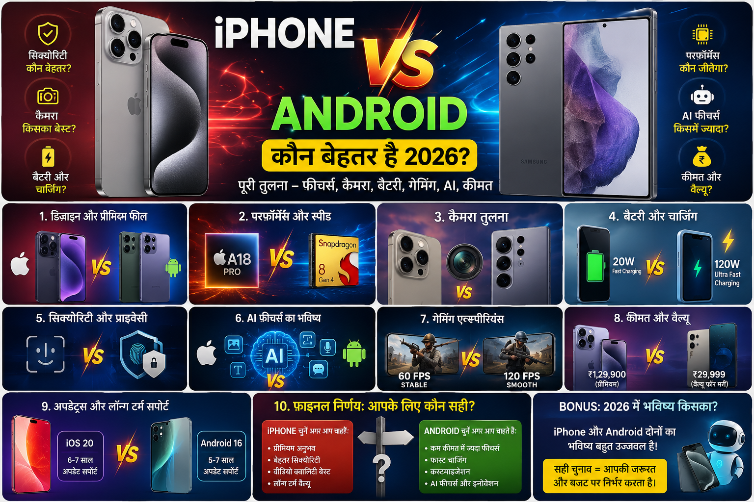 iPhone vs Android कौन बेहतर है 2026? पूरी तुलना और सही चुनाव